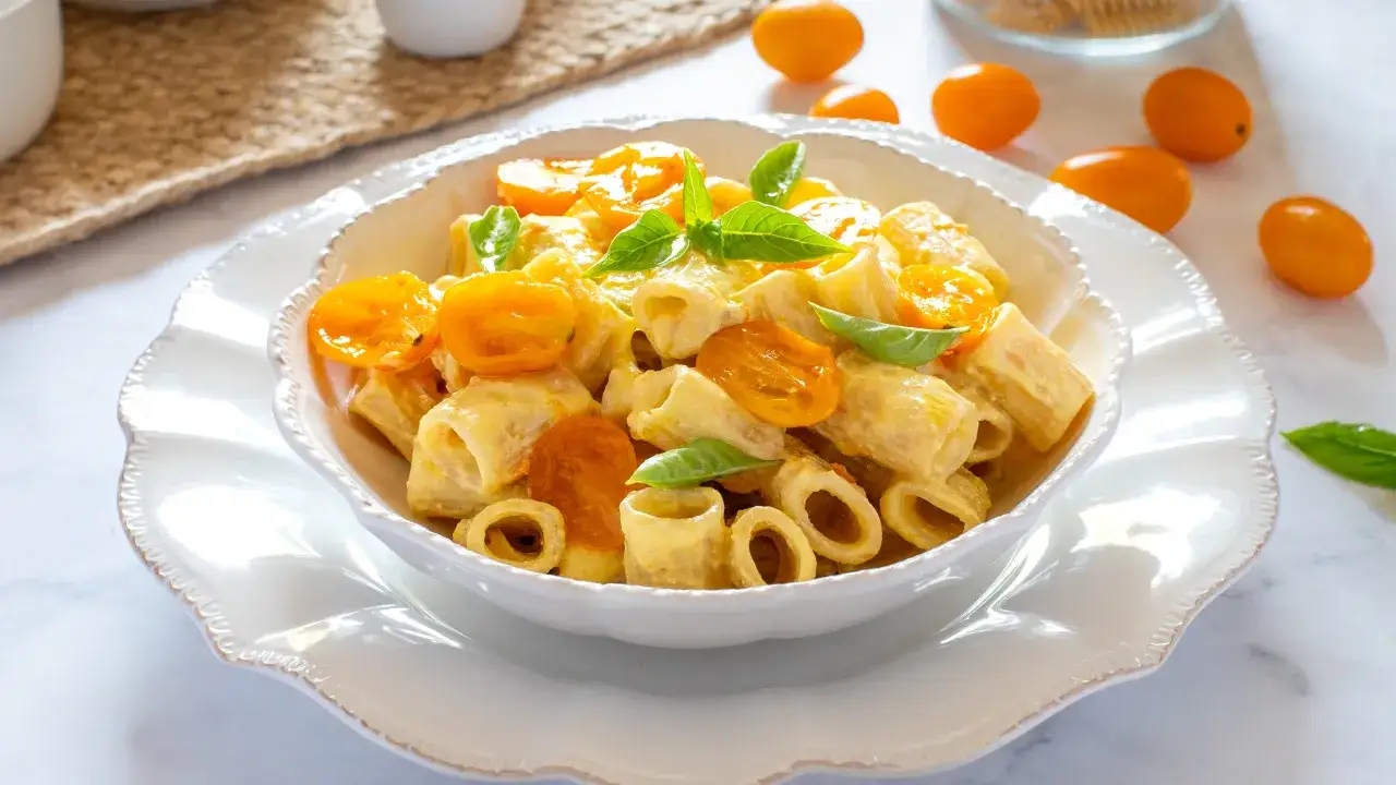 Piatto di pasta cremosa con pomodorini gialli e basilico fresco. Un primo piatto invitante e colorato.