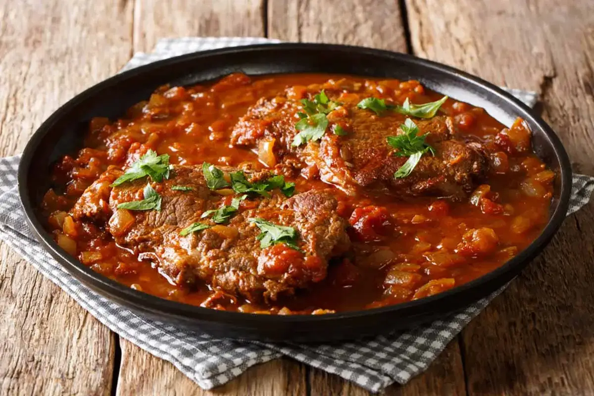 Carne alla pizzaiola morbida in umido con pomodoro e cipolla, guarnita con prezzemolo fresco.