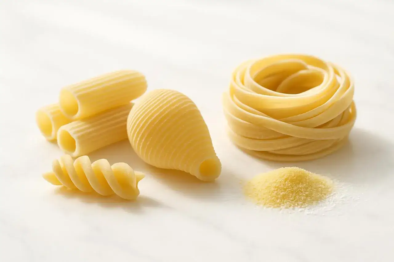 Varietà di pasta di semola: rigatoni, conchiglioni, fusilli e fettuccine arrotolate, con una piccola montagnetta di semola.