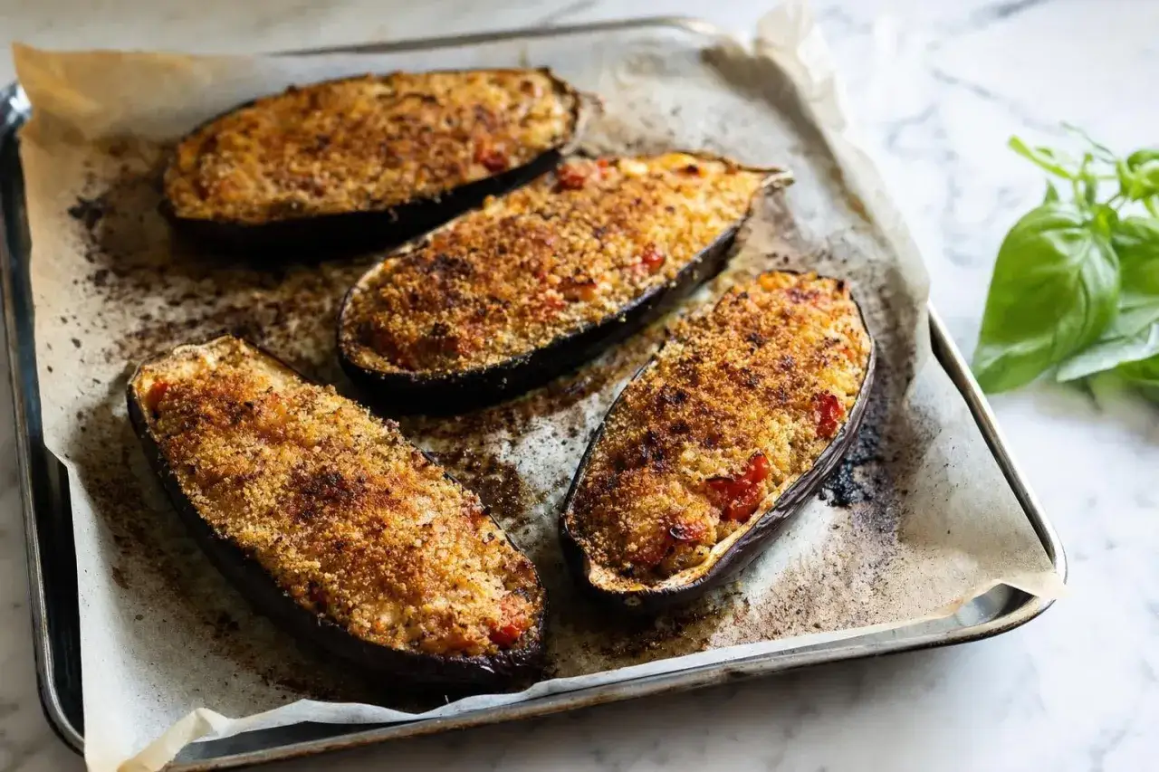 Melanzane ripiene senza carne, dorate e croccanti, pronte per essere gustate. Un piatto vegetariano saporito e invitante.