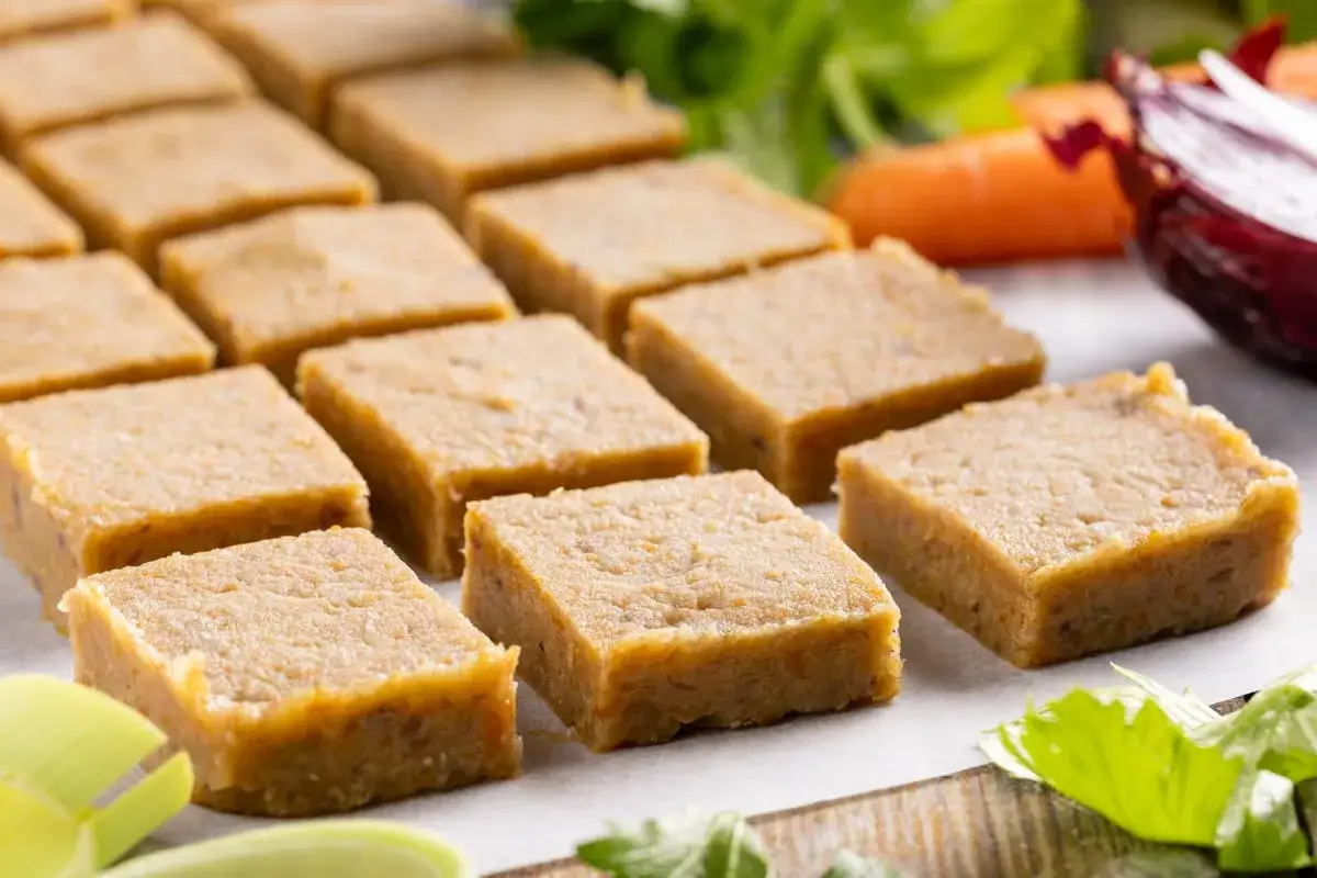 Cubetti di brodo vegetale, pronti per una gustosa ricetta. Ingredienti freschi come carote e cipolla sullo sfondo.
