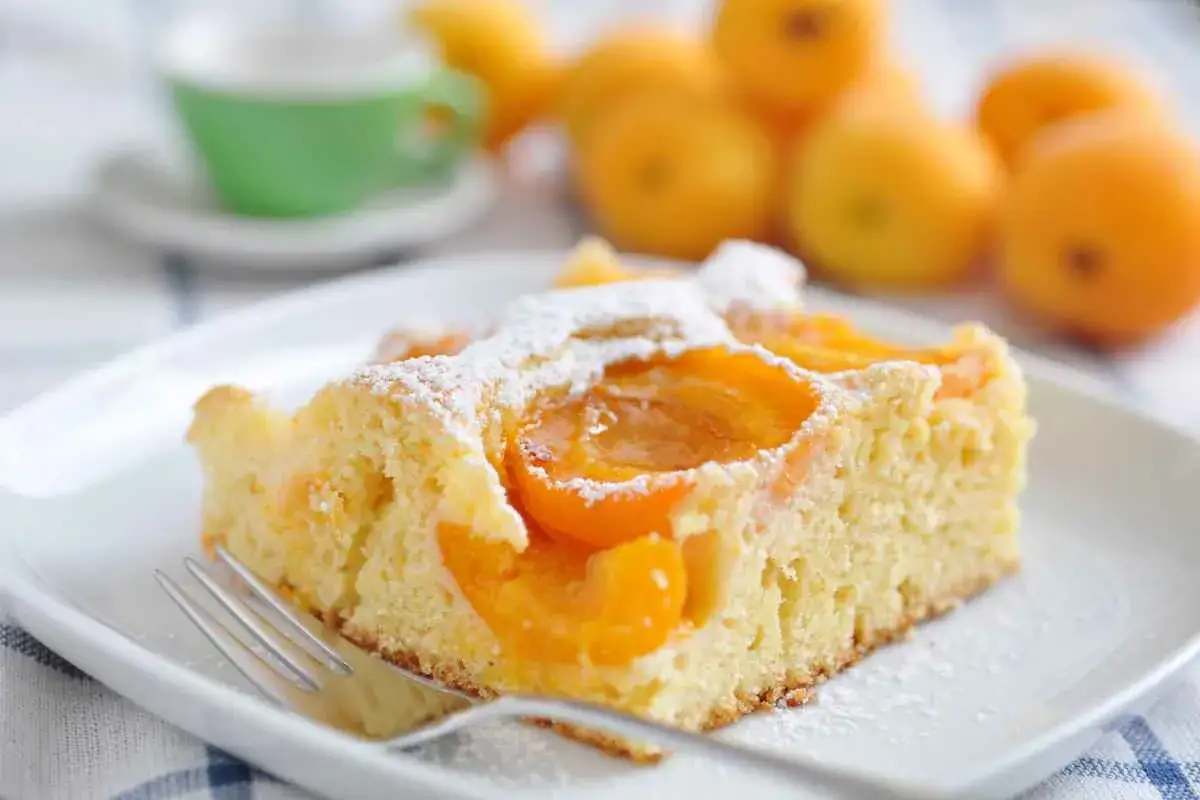 Una fetta di torta di albicocche soffice e profumata, cosparsa di zucchero a velo, su un piatto bianco con una forchetta.