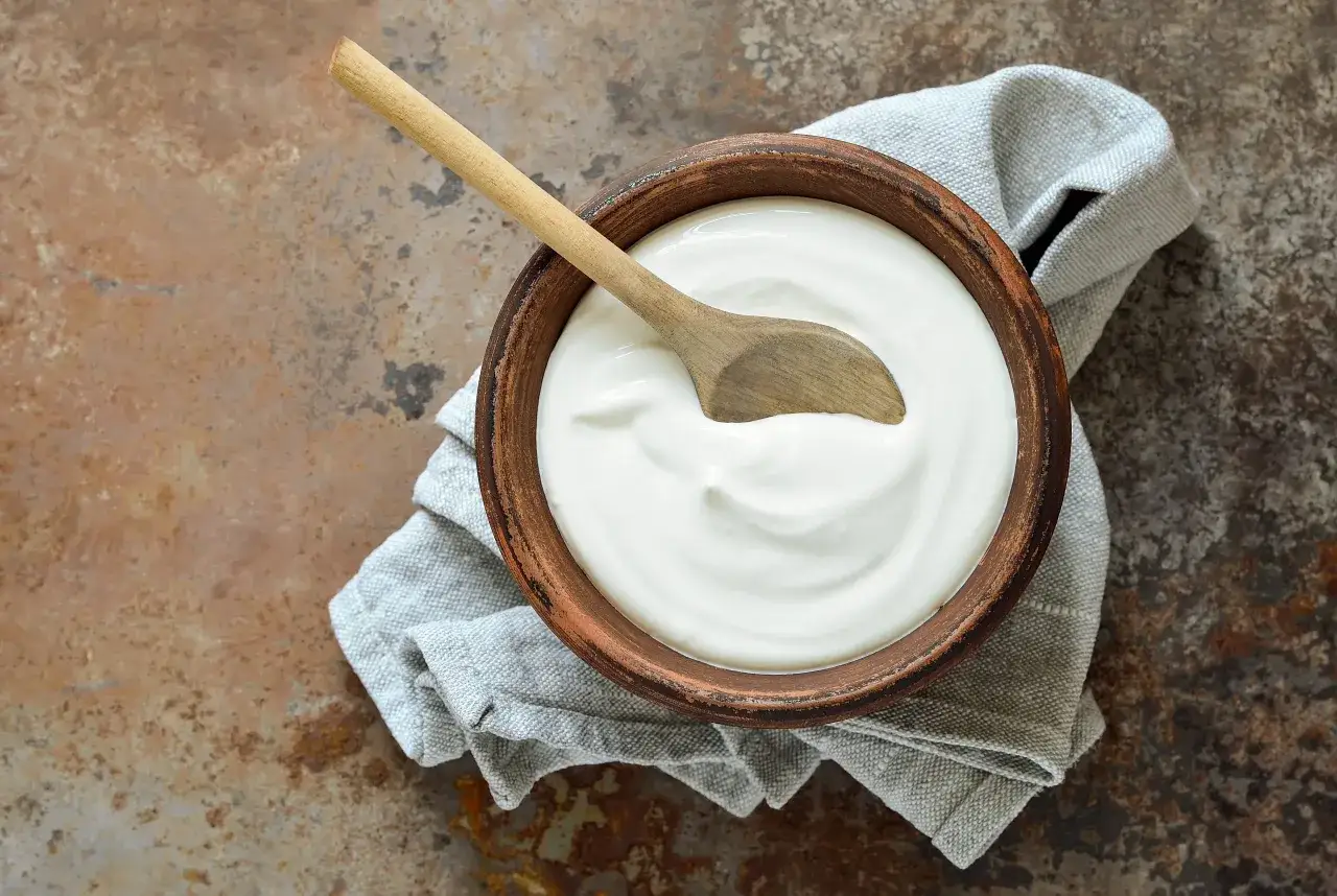 Ciotola in terracotta con cremoso yogurt fatto in casa e un cucchiaio di legno, su un tovagliolo di lino grigio.
