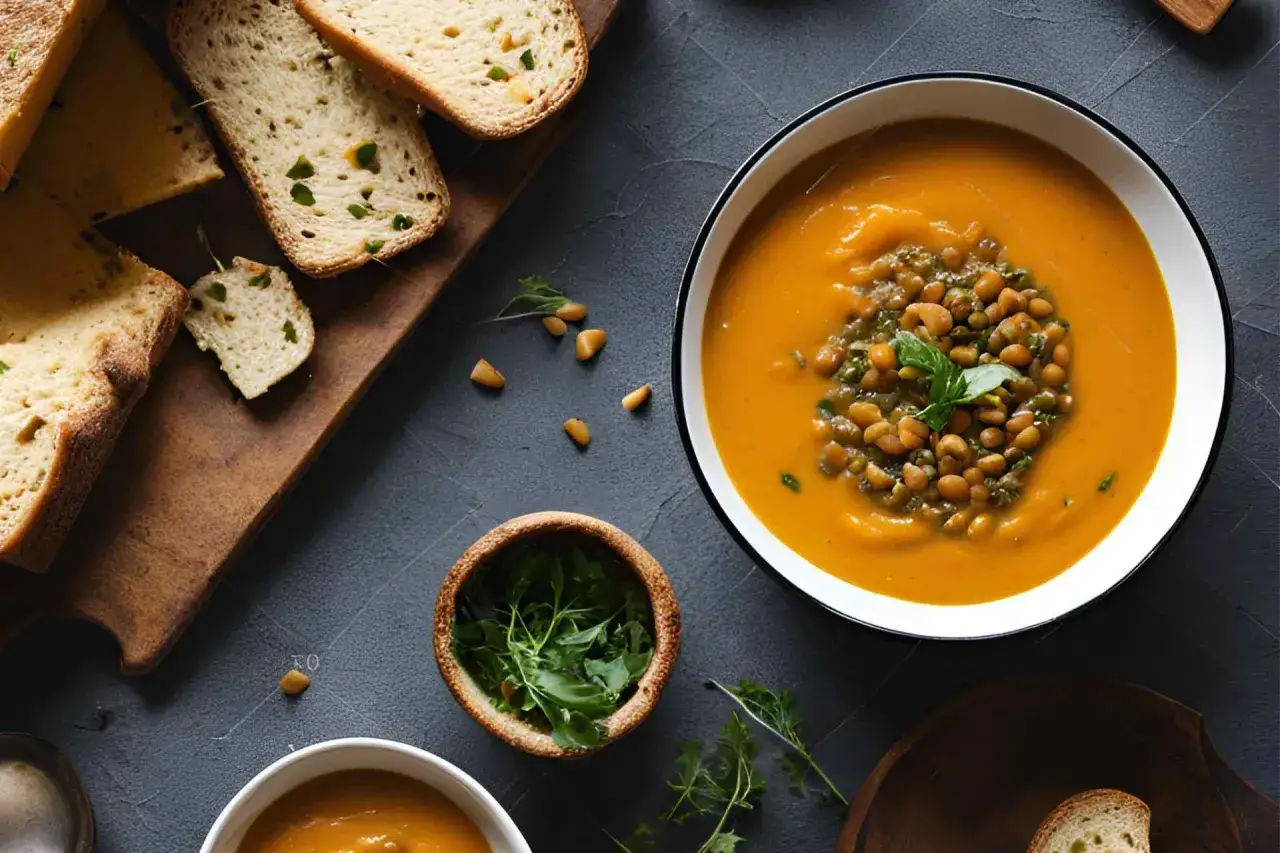 Una ciotola di zuppa di lenticchie cremosa, guarnita con erbe fresche e servita con pane tostato.