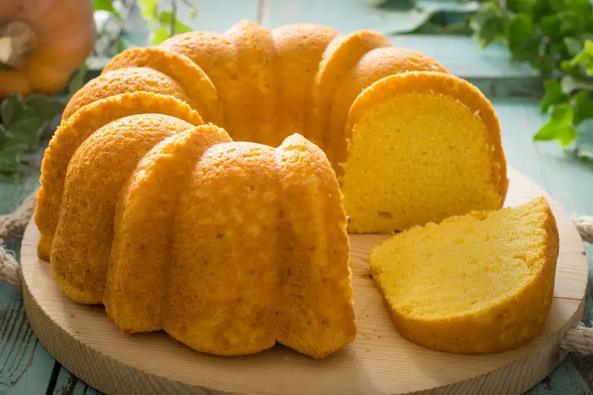Una soffice torta di zucca, dorata e profumata, con una fetta tagliata per mostrare la sua morbidezza. Perfetta per l'autunno.