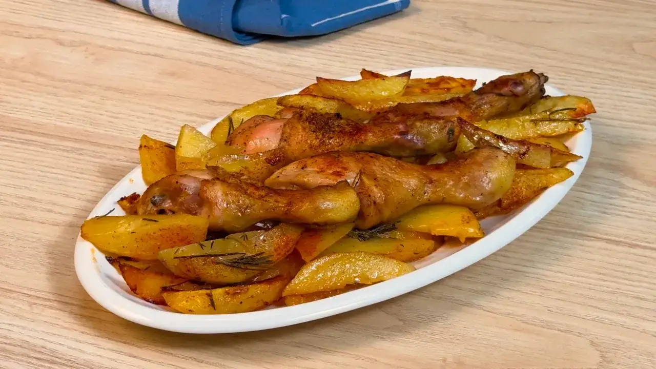 Delizioso pollo al forno con patate dorate e rosmarino, un piatto perfetto per ogni occasione.