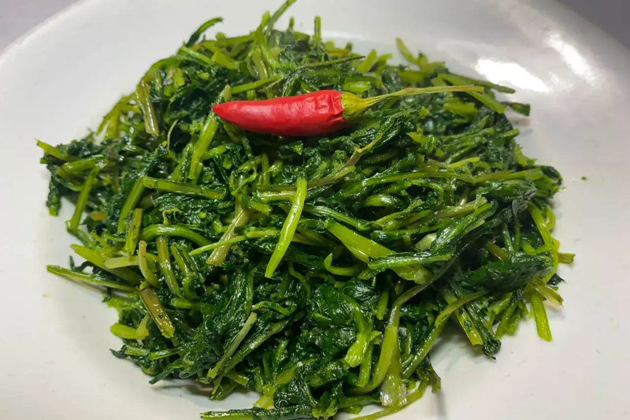 Cicoria in padella, un contorno saporito con un peperoncino rosso a guarnire.