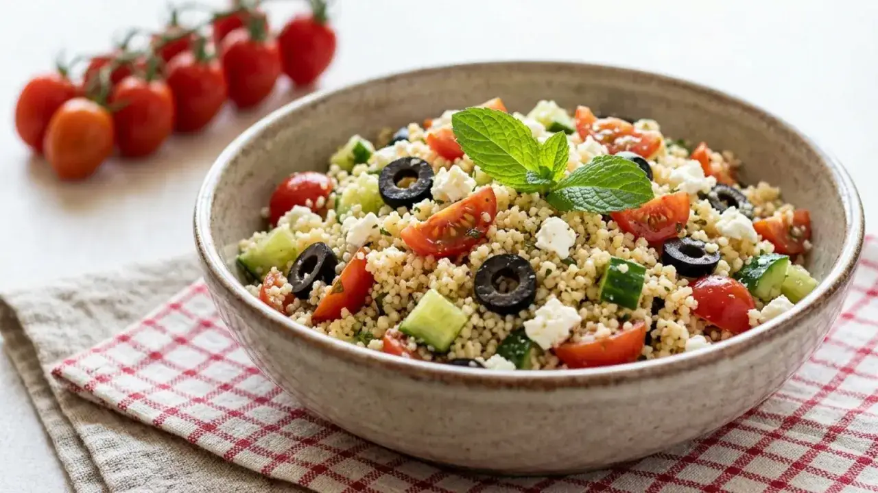 Un fresco e colorato cous cous freddo con pomodorini, cetrioli, olive nere e feta, guarnito con menta. Perfetto per un pasto leggero.