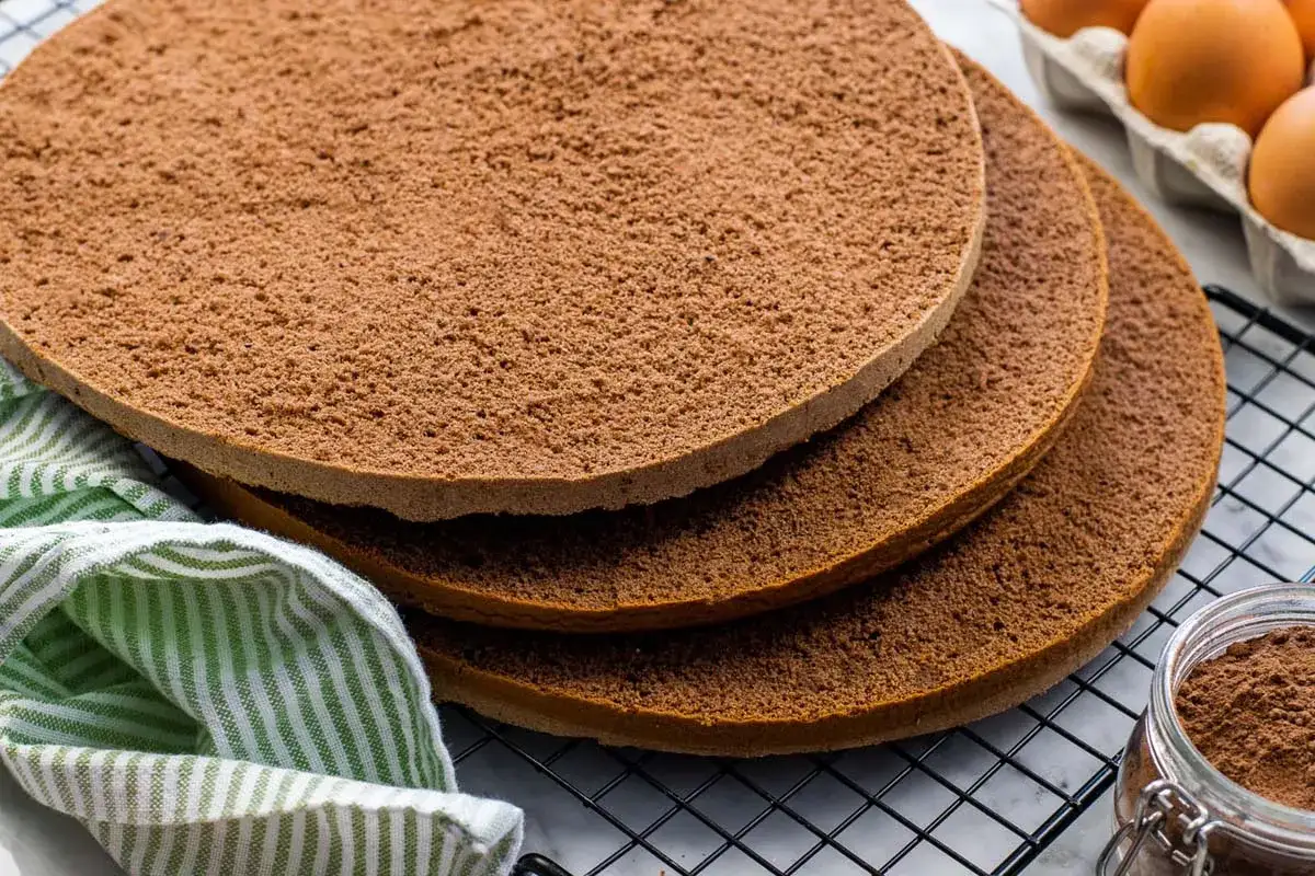 Tre dischi di soffice pan di spagna al cacao, pronti per essere farciti. Accanto, un barattolo di cacao in polvere e un tovagliolo a righe.