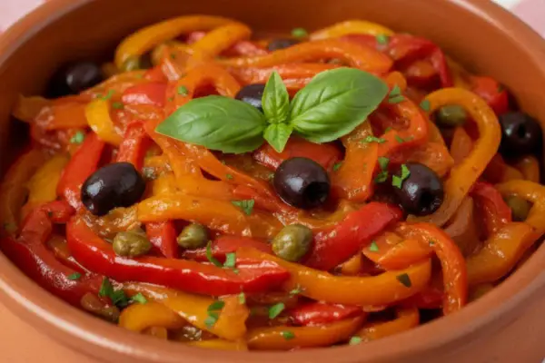 Peperonata ricetta della nonna: un piatto colorato con peperoni, olive nere, capperi e basilico, servito in una ciotola di terracotta.
